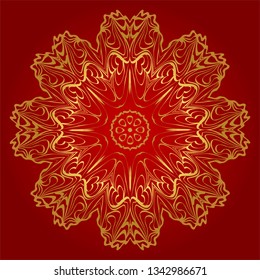 Round Floral Ornament Mandala. Vector Illustration.. For Home Decor, Interior Design, Coloring Book, Greeting Card, Invitation, Tattoo. Anti-Stress Therapy Pattern. Red, gold color.