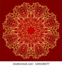 Round Floral Ornament Mandala. Vector Illustration.. For Home Decor, Interior Design, Coloring Book, Greeting Card, Invitation, Tattoo. Anti-Stress Therapy Pattern. Red, gold color.