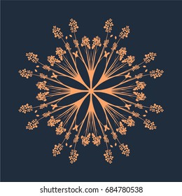 Round Floral Ornament on Dark Background. Template of Decorative Frame. Vector Vintage Symbol for Logo,  Stamps,  Restaurants,  Cafes,  Shops.