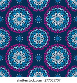 Round floral ornament pattern on blue background