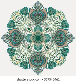 Round floral ornament pattern. Vintage decorative folk art element. Hand drawn mandala background.