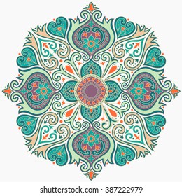 Round floral ornament pattern. Vintage decorative folk art element. Hand drawn mandala background.