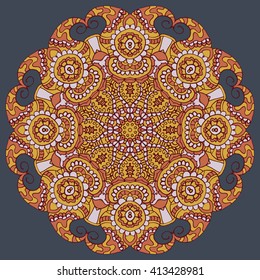 Round floral ornament pattern. Vintage decorative folk art element. Hand drawn mandala background.