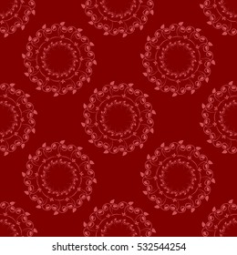 Round floral ornament. Seamless pattern.  Pink abstract element on a red background.