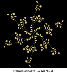 Round floral ornament. Star or mandala with blooming flower branches. Golden glossy silhouette on black background.