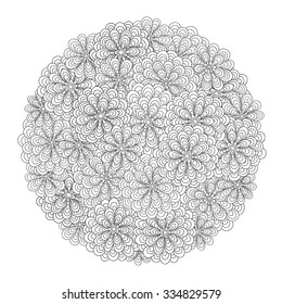 Round floral pattern. Black and white texture with flowers. Ornate floral background can be used for wallpaper, coloring book, card, postcard, poster, textile design, fabric design, cover, banner.