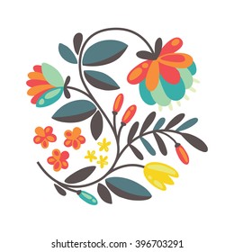 Round floral pattern. Folk art motif. Ornamental flower desing. Vector illustration.