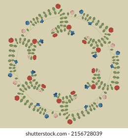 Round floral pattern or frame with blooming branches. Vintage style. On light background.