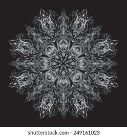 Round floral pattern. Gorgeous decorative element. Openwork metallic rosette.