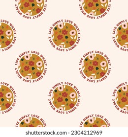 Round floral pattern with inspirational text. 70s inspired unique and trendy pattern background. 