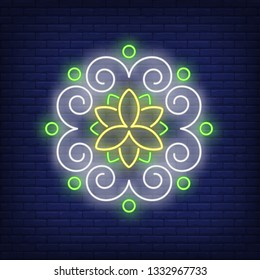 Round floral pattern mandala neon sign. Flower logo design. Night bright neon sign, colorful billboard, light banner. Vector illustration in neon style.