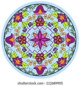 Round floral pattern, on blue background