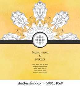 Round floral pattern in oriental style. Yellow watercolor background. Vector card. Place for your text.