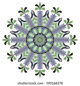 Round Floral Pattern. Ornate Ethnic Mandala. Bright Ornament with Palms, Leaves and Branches