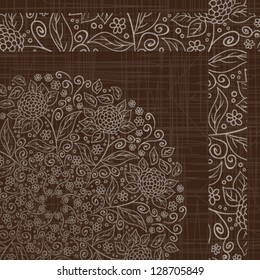Round floral pattern in retro style on a scratched brown background, vector illustration