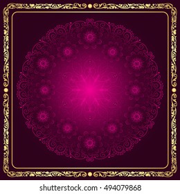 Round floral purple pattern and vintage golden square frame on a dark background, vector