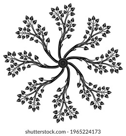 Round floral spiral design or mandala with stylized tree branches. Folk medieval style. Black and white silhouette.