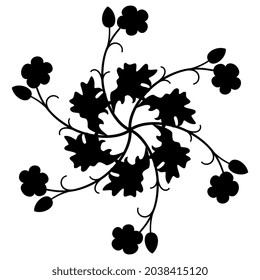 Round floral spiral mandala with blooming branches. Black silhouette on white background. Folk style.