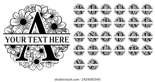 Round Floral Split Monogram Letter, Floral Split Alphabet, Floral Split Font Vector Design, Flower Split Monogram,	