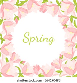 Round floral spring frame design. Pink magnolia flowers and buds on white background.