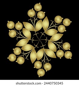 Round floral star shape ornament or mandala with blooming branches. Bouquet with fruits or berries. Folk style. Golden glossy silhouette on black background.
