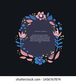 Round floral text border hand drawn layout. Decorative round frame with vector bloom, blossom. Wreath cartoon illustration with copyspace. Postcard, greeting card, invitation design element