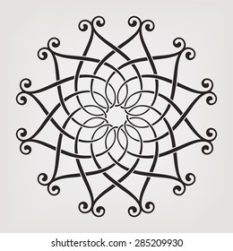 Round floral vector ornament on light background. Twelve pointed circular pattern. Mandala. 
