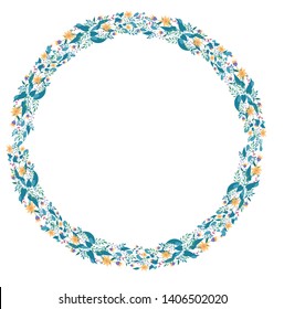 round floral vector wreath with flowers and leaves