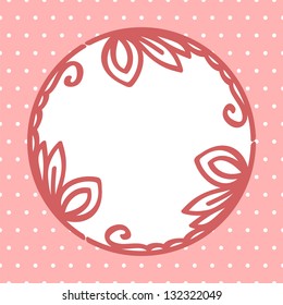Round floral vignette frame on pink polka dot background card, vector