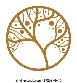 Round floral vintage linear logo design template for boutique or hotel or salon logo isolated on white, beautiful line drawing of leaves composition in a circle, branches growth nature.