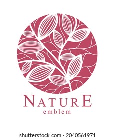 Round floral vintage linear logo design template for boutique or hotel or salon logo isolated on white, beautiful line drawing of leaves composition in a circle, branches growth nature.
