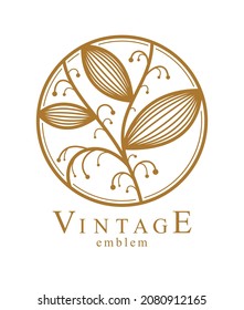 Round floral vintage linear logo design template for boutique or hotel or salon logo isolated on white, beautiful line drawing of leaves composition in a circle, branches growth nature.