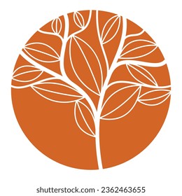 Round floral vintage linear logo design template for boutique or hotel or salon logo isolated on white, beautiful line drawing of leaves composition in a circle, branches growth nature.