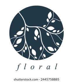 Round floral vintage linear logo design template for boutique or hotel or salon logo isolated on white, beautiful line drawing of leaves composition in a circle, branches growth nature.