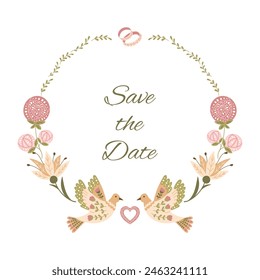 Round floral Wedding invitation in retro folk style with abstract flowers and birds. Flat symmetry composition in muted colors for wedding. Banner, card template isolated on white