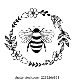 Round floral wreath with bee. Outline drawing. Line vector illustration. Isolated on white background. Good for posters, t shirts, postcards.