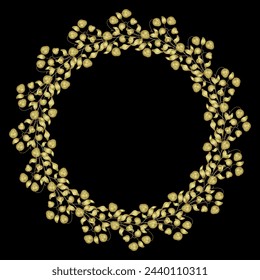 Round floral wreath. Botanical circular border with blooming branches. Golden glossy silhouette on black background.