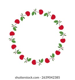 Round floral wreath with cherry and their foliage. Summer frame of berries and leaves on twig. Decoration element for cards and seasonal decor. Vector flat illustration.