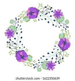 Round floral wreath with cute colorful summer and spring flowers and leaves. Hand drawn Vector illustration for greeting cards, posters, invitations, art prints, baby shower, wedding.