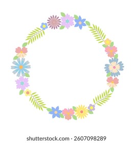 Round floral wreath of decorative whimsical flowers, leaves, simple frame design element for wedding, birthday, card, background, invitation, wallpaper, sticker, decoration