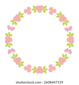 Round floral wreath of decorative whimsical flowers, leaves, simple frame design element for wedding, birthday, card, background, invitation, wallpaper, sticker, decoration