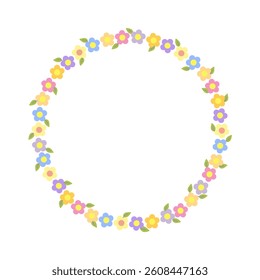 Round floral wreath of decorative whimsical flowers, leaves, simple frame design element for wedding, birthday, card, background, invitation, wallpaper, sticker, decoration