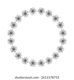 Round floral wreath made of daisy-like wildflowers. Includes shapes reminiscent of echinacea, chamomile, calendula or rudbeckia. Ideal for tea, cosmetics, seasonal cards and wedding designs.
