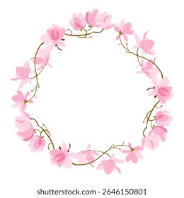 Round floral wreath made of pink magnolia flowers and delicate vines arranged in an elegant oval frame. Concept of spring blossom, botanical decoration, and floral celebration