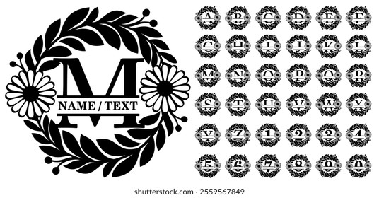 Round Floral Wreath Split Monogram Letters Set A to Z and Number 0 To 9, Family Name Signs