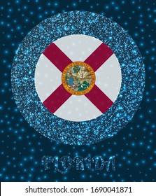 Round Florida badge. Flag of Florida in glowing network mesh style. Us state network logo. Attractive vector illustration.