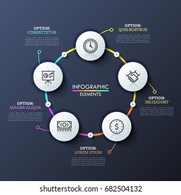 Round flowchart with 5 white circular elements connected by multicolored lines and play buttons. Unique infographic design template. Successive steps of deal making concept. Vector illustration.