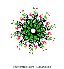 Round flower abstraction with butterflies. Vector