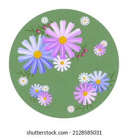 Round flower composition with berries. Green background. Bright summer colors. Vector illustration