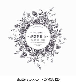 Round flower composition. Wedding invitation. Vector illustration